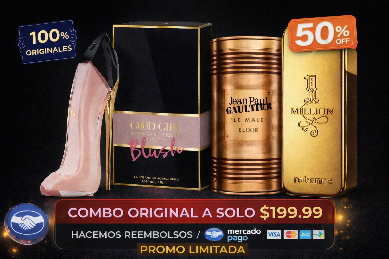Combo Gold Luxury: Good Girl Blush + Le Male Elixir + 1 Million